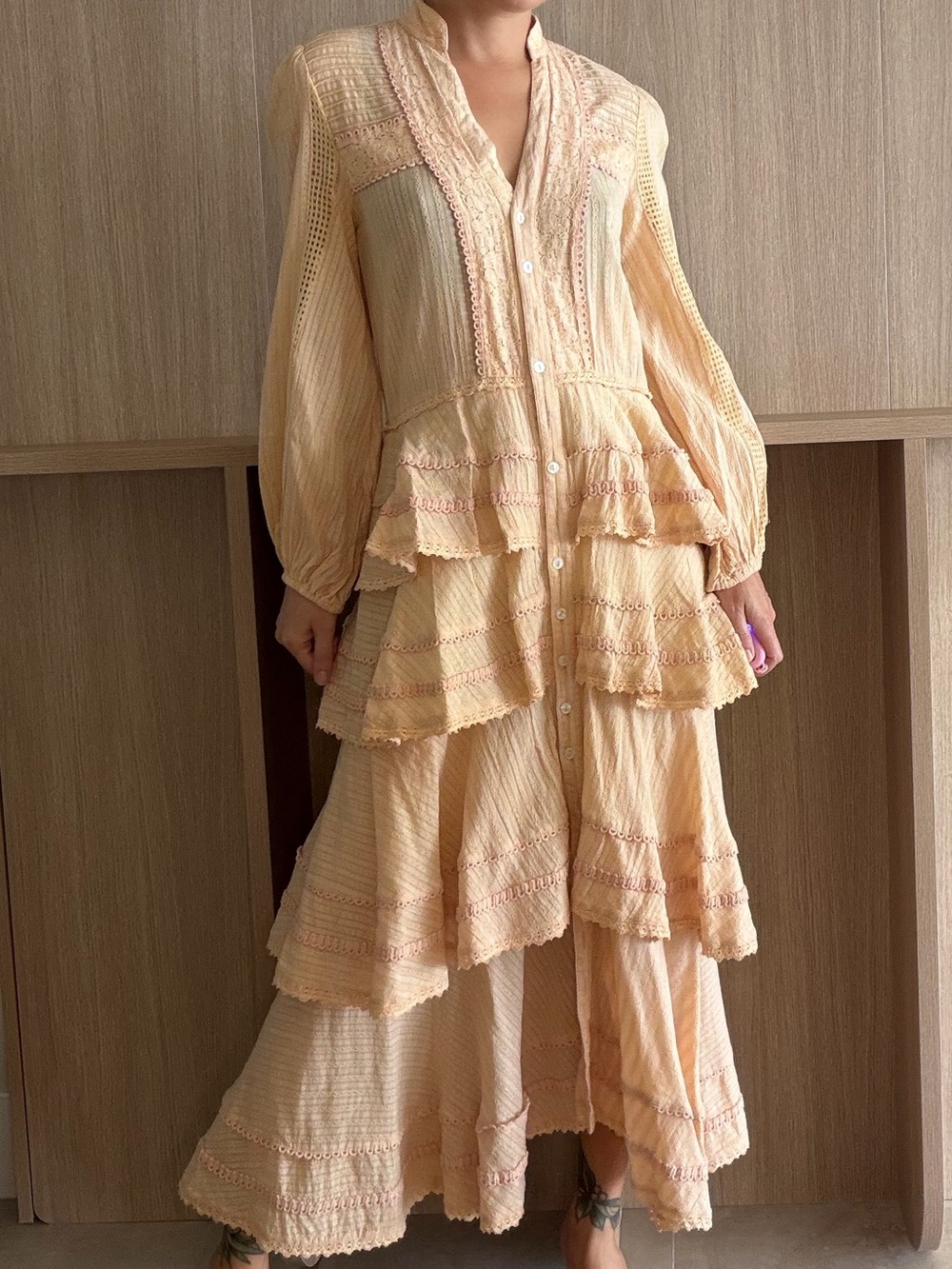 Romantic Cream Tiered Button-Front Maxi Dress